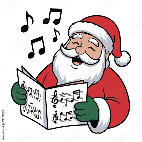 Santa Claus joyfully sings Christmas carols from a music sheet with musical notes floating around him.
