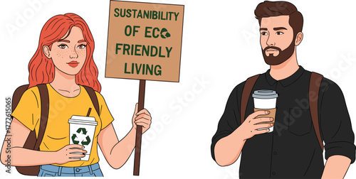 Eco friendly lifestyle, sustainability protest, recycling awareness, green living, environmental action, climate advocacy, reusable cups, conscious youth, nature protection, activism
