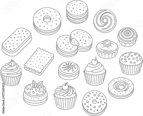 A minimalist line art illustration showcasing an assortment of cookies, cupcakes, and donuts, perfect for adding a touch of sweetness to any design project, isolated on white background