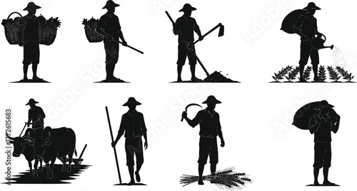 Farmer silhouette illustration, traditional agriculture, rural lifestyle, farming tools, harvest activity, ox plowing, crop care, vector art, field work, nature