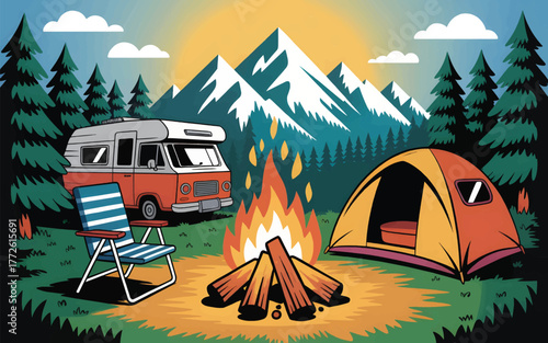 tent in the mountains camping glamping setup features a camper,