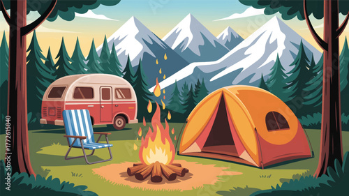 camping in the mountains  forest at night vector illustration camper with a mountain. Tent in the forest 