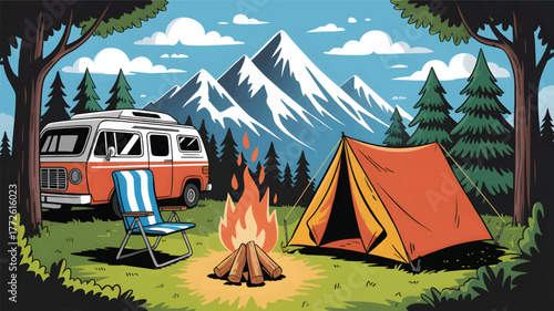 camp in the mountains green Simple minimalist illustration forest at night vector illustration. camping scene. marshmallows by campfire evening,