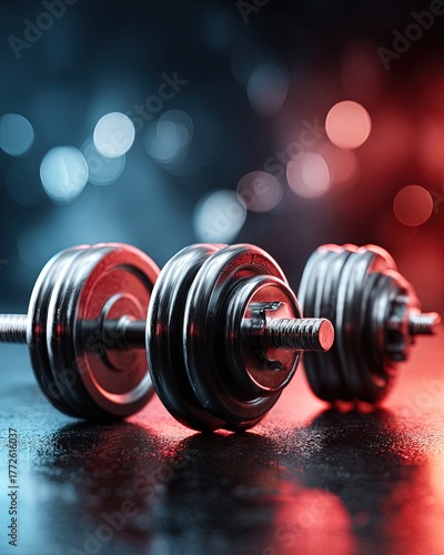 Pair Of Dumbbells On Dark Wet Surface With Red And Blue Light