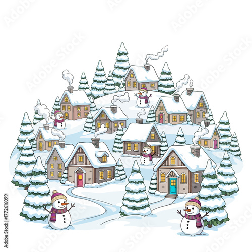 Festive Winter Village A Charming Illustration of Snow-Covered Houses, Snowmen, and Christmas Cheer