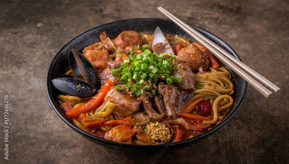 Fototapeta premium Budae jjigae featuring instant noodles, pork, sausage, mussels, and vegetables, a protein-rich meal