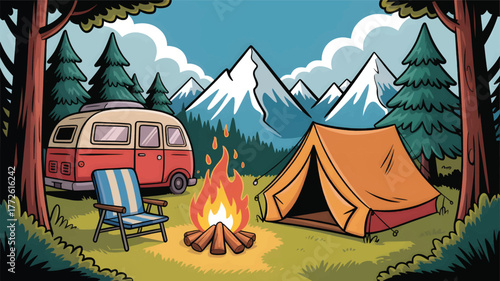 Simple minimalist illustration of glamping setup features a camper. forest illustration with mountains camping green summer camp design,
