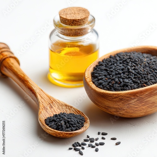 Black Sesame Seeds And Oil On White Background