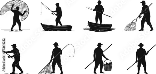 Fisherman silhouette illustration, traditional fishing, boat casting, net pulling, rural lifestyle, fish basket, fishing pole, vector art, water activity, nature