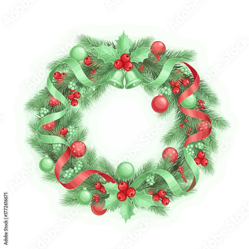 Festive Christmas holiday wreath illustration with green fir, red holly berries, decorative ribbons, and shiny baubles