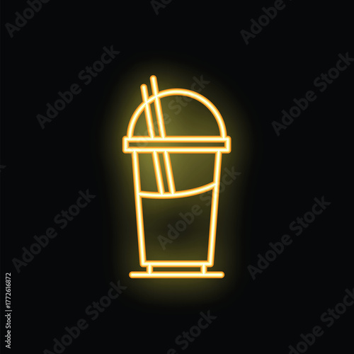 Yellow neon sign representing a disposable cup with two straws on a black background
