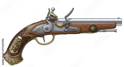 Illustration of a pirate pistol (flintlock) with detailed wooden grip, clean background