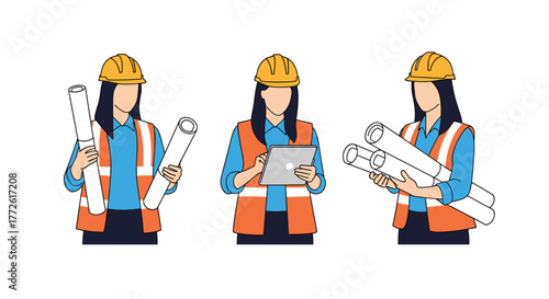 Three female construction workers or engineers in safety vests and hard hats reviewing blueprints and using digital devices on a white background.