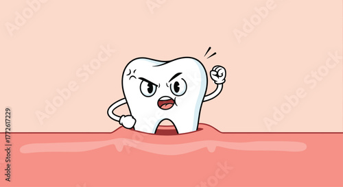 An angry cartoon tooth is emerging from inflamed gums, illustrating dental pain and the need for oral hygiene and professional care.