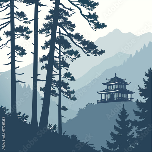 Serene mountain shrine enveloped in ethereal early morning fog creating a mystical and tranquil atmosphere with a sense of spiritual calm and natural beauty
