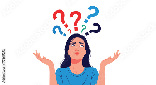 A confused young woman looks upwards surrounded by question marks, illustrating uncertainty, doubt, and the need for answers or solutions.