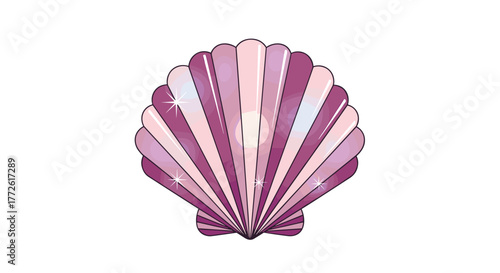 A beautifully illustrated scallop shell with radiating lines in shades of pink and purple, accented with sparkling star details, evokes a sense of ocean magic.