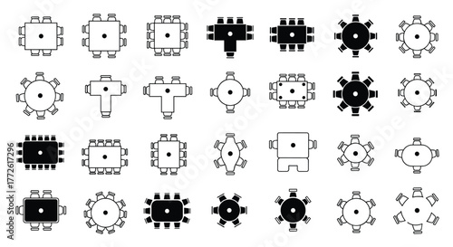 Overhead view of various table arrangements and seating plans, including square, rectangular, round, and unique designs for dining or meetings.