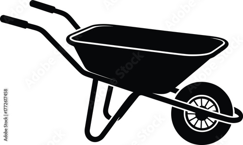 Silhouette of a black garden wheelbarrow with one wheel and handles for landscaping and construction vector art