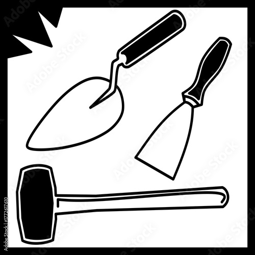 Flat vector illustration of brick trowel, paint scraper and hammer for construction and renovation work