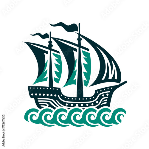 Vintage Sailing Ship Silhouette Vector Graphic A solid crimson silhouette of a classic sailing ship with billowing sails