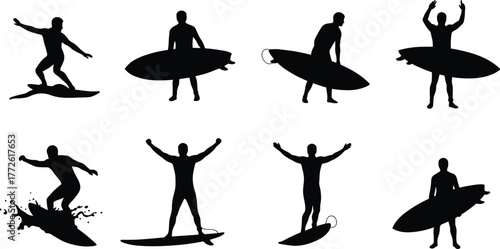 Surfer silhouette vector, surfing pose illustration, beach sport action, wave rider with board, black shape motion, coastal lifestyle art