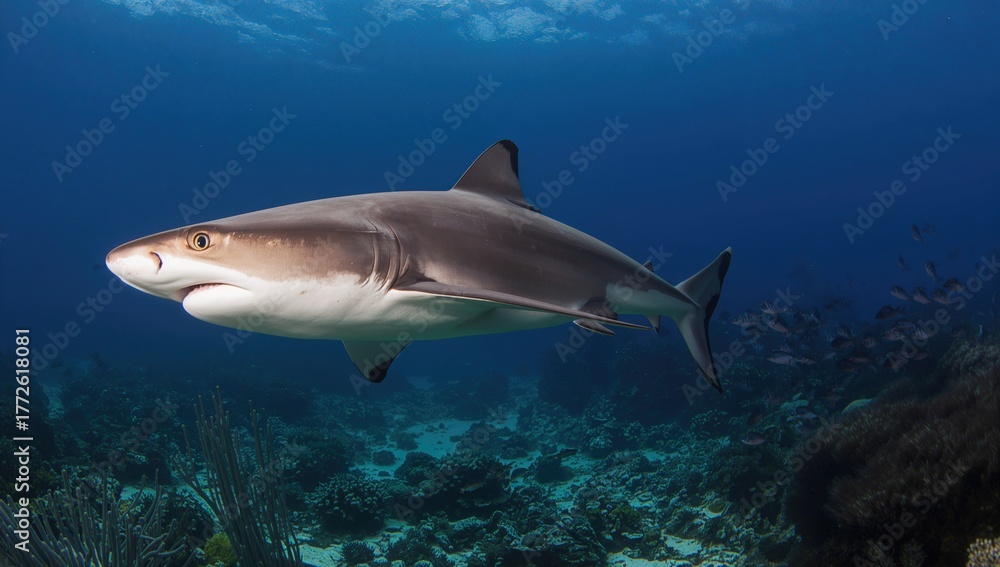 Obraz premium Clear Ocean Water with a Grey Reef Shark Swimming