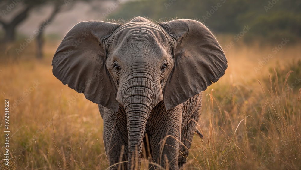 Obraz premium Adorable baby elephant in a natural habitat, observing its surroundings, wildlife awareness