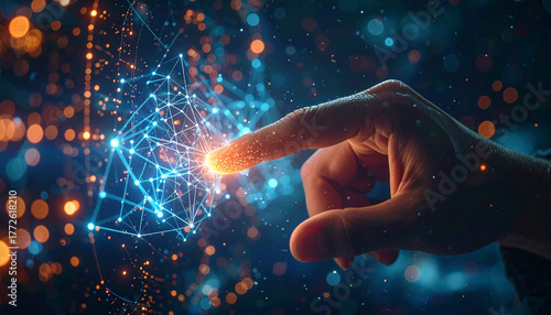 Digital Interaction: A hand delicately touches a vibrant, glowing digital network, symbolizing the seamless connection and technological advancements in the digital age.