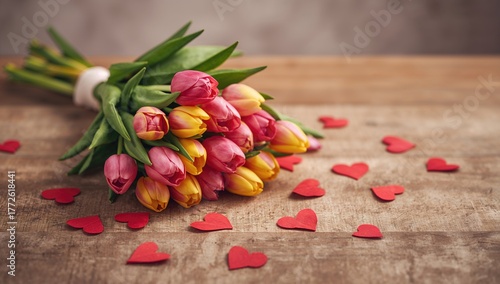 Arrangement of vibrant tulip blooms with crimson paper hearts on a rustic wooden surface