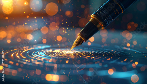 Crafting Innovation: A captivating scene featuring a sleek fountain pen poised over a mesmerizing pool of light, symbolizing the art of creation, ideas, and knowledge.