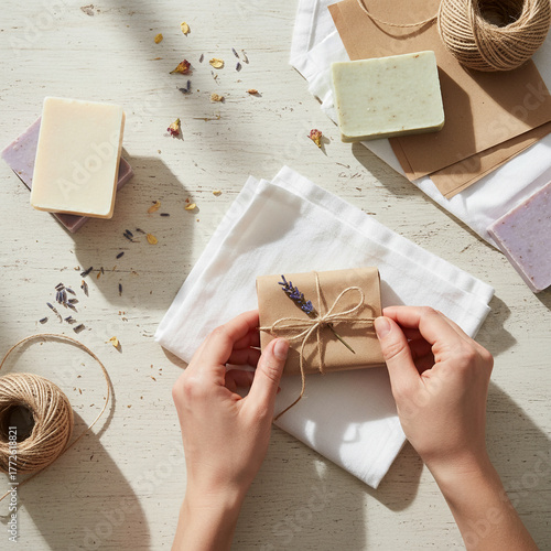 Hands Wrapping Handmade Soap with Twine and Lavender