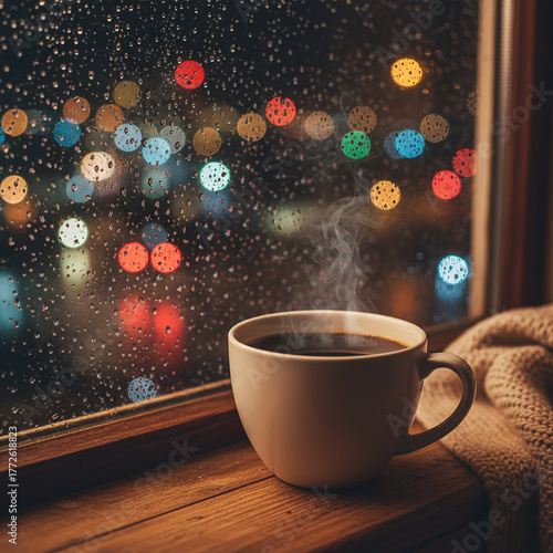 Cozy Coffee by a Rainy Window with City Lights at Night