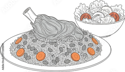 A handdrawn illustration showcases a delectable dish of lamb shank with rice, adorned with vibrant carrots, served on a pristine white plate, accompanied by a refreshing salad isolated on white backgr