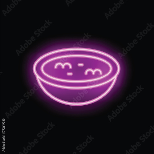 Vibrant neon sign depicting a steaming bowl of soup, perfect for restaurants and eateries