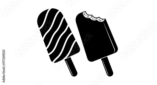 Two black and white illustrations of popsicles one bitten into