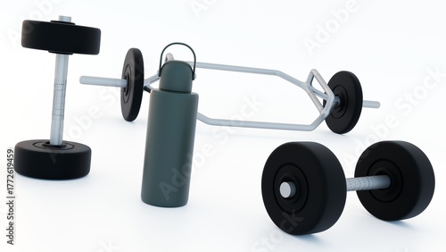 3d illustration of green water bottle and a dumbbell as known as common gym tools and accessories, suggesting a focus on exercise and hydration