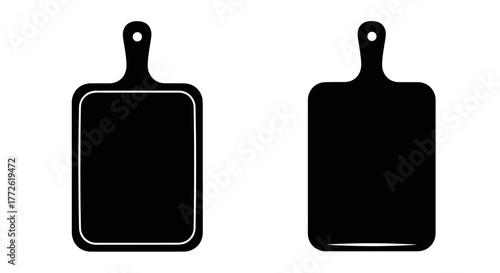 Two black cutting boards with handles shown in a simple graphic style