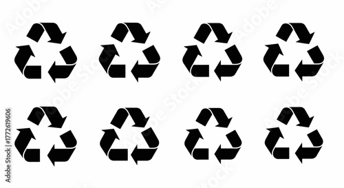 Eight black recycle symbols arranged in a grid pattern on white background