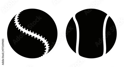 Black and white illustration depicting a baseball and a tennis ball