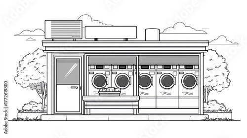 Black and white illustration of a laundromat building with washing machines