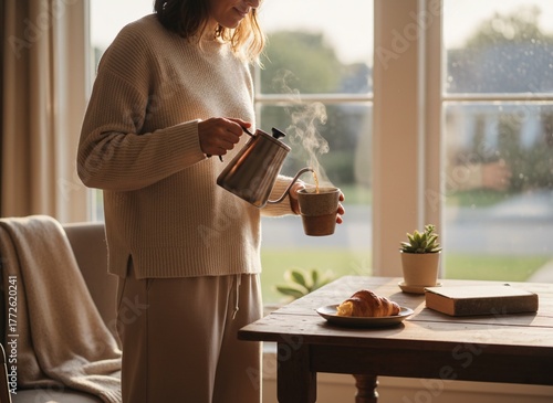 Woman Pouring Coffee into a Mug in Cozy Morning Light