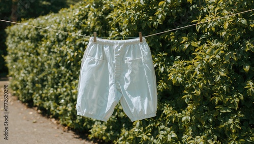 Wallpaper Mural A single pair of damp white shorts hanging on a clothesline outdoors with lush greenery in the background Torontodigital.ca