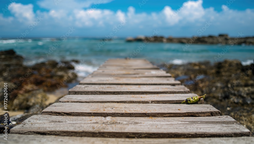 Fototapeta premium Blurred sea rocks and water with a wooden surface, suitable for a serene beach backdrop, Summer