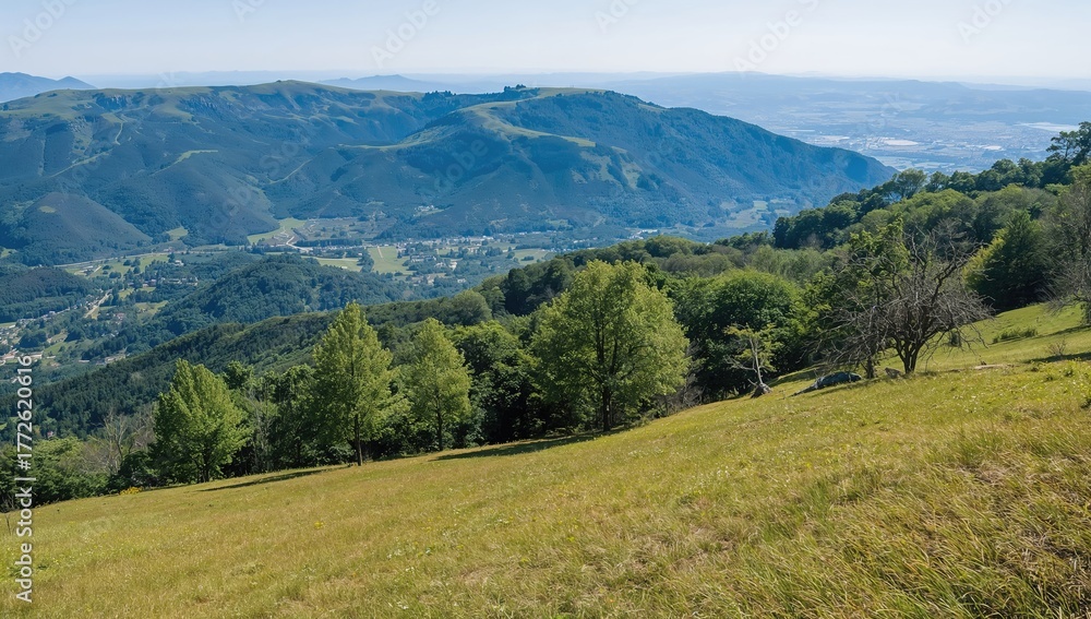 Fototapeta premium Summer mountain scene with trees on a grassy hillside.