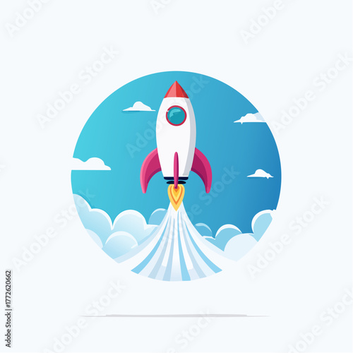 Cartoon rocket soaring through fluffy clouds, a vibrant depiction of skyward ambition