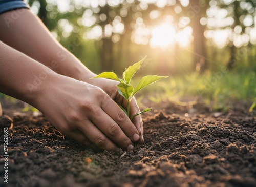 Hands Gently Planting a Young Seedling at Sunset