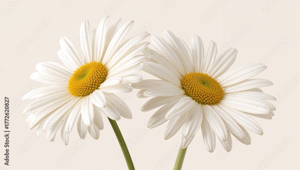 Obraz premium Two chamomile flowers against a plain background. Close-up of a lifelike daisy blossom.