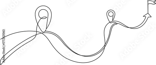 One Line Art Journey Path. Continuous Line Drawing of Route Map with Destination Flag