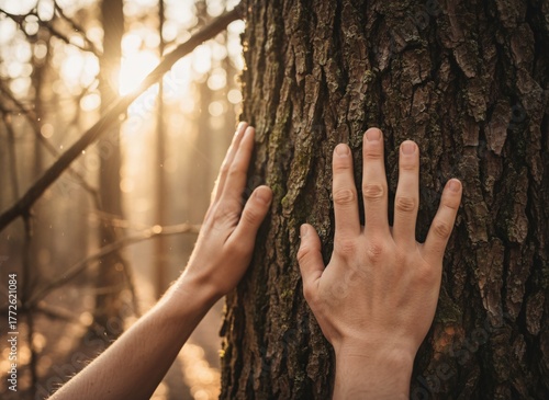 Hands Touching a Tree Trunk in a Sunlit Forest